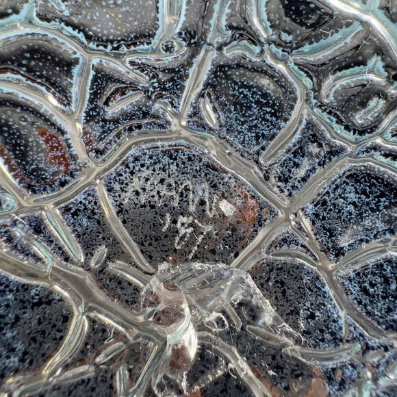 1987 Hand Blown Art Glass Large Bowl Dish Lava Glaze Finish Blue Black Signed - Picture 6 of 16